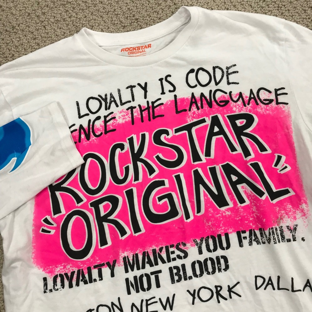 Rockstar Original Mens Long Sleeve Graphic T-Shirt White Pink Blue Flames Large